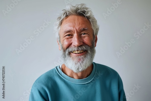 Happy mature old bearded man with dental smile, cool mid aged gray haired older senior hipster wearing blue sweatshirt standing isolated on white background looking at camera, headshot, Generative AI photo