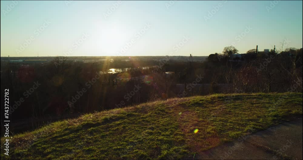 Gimbal shot of the sunset over the James River in Richmond, Virginia
