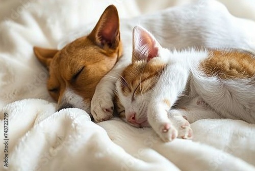 Cat and dog sleeping. Pets sleeping embrac