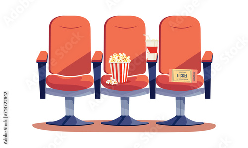 Red chairs, popcorn and soda for watching a movie. Movie ticket. Isolated on white background. Horizontal banner in flat style. Vector illustration
