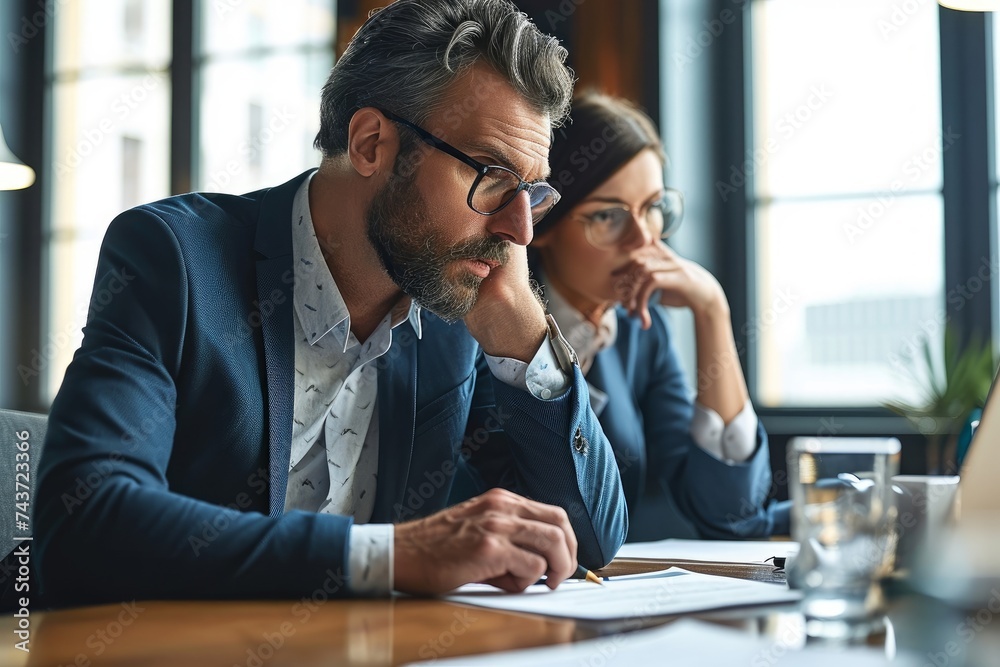 doubtful mature businessman reading contract document thinking considering risks with professional lawyers legal experts executive team analyzing financial report sitting at office, Generative AI doubtful mature businessman reading contract document thinking considering risks with professional lawyers legal experts executive team analyzing financial report sitting at office, Generative AI