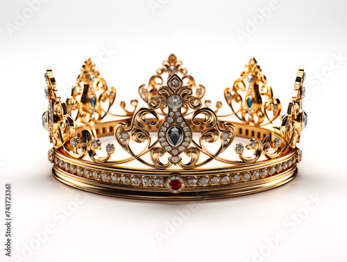Golden crown isolated on white background with gold jewelry, decoration, gem jewel, precious luxury wealth 