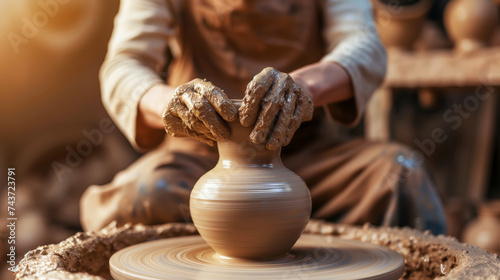 Close-up of a potter's hands making a ceramic vase on a potter's wheel. Pottery workshop with clay. Generative AI photo