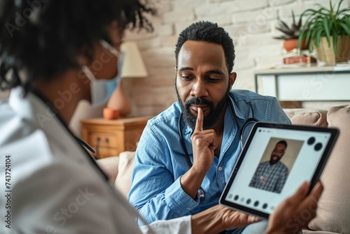 Young Indian Latin bearded businessman having videocall meeting at home with black female doctor therapist using tablet pointing to throat. Online virtual telemedicine health care, Generative AI