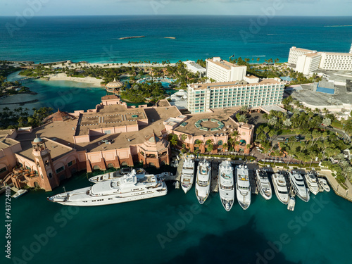 Aerial view: Luxury yachts in the Nassau city, Paradise island, Bahamas