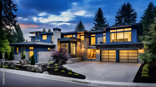 Luxurious new construction home in Bellevue, WA. Modern style home boasts two car garage framed by blue siding and natural stone wall trim,A luxurious new construction home, 