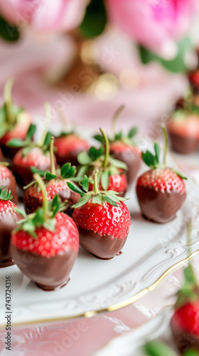 Strawberries in and milk chocolate decorated with white chocolate on white plate and table, vertical photo, close up. Concept of healthy food or dessert