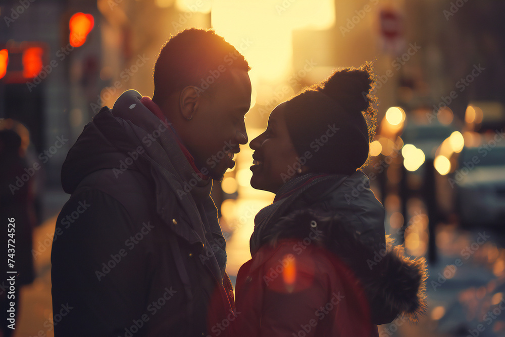 Young african american couple on city street at sunset