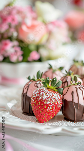 Strawberries in pink and milk chocolate on white plate with flowers on background, vertical photo, close up. Concept of healthy fruits of berries dessert