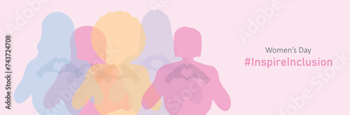  International Women's Day InspireInclusion banner. Women holding hearts in contemporary style inspires inclusivity.