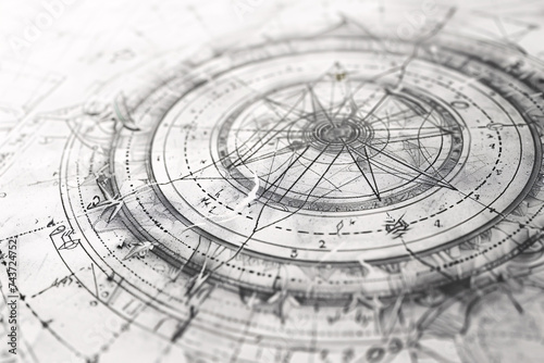 Detailed drawing of an intricate astrolabe in grayscale tones