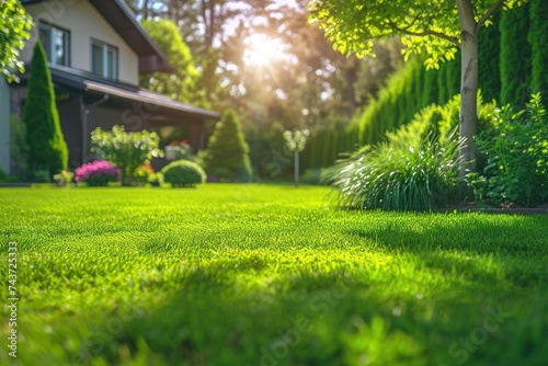 Back house yard with green grass and nice landscaping with sunlights