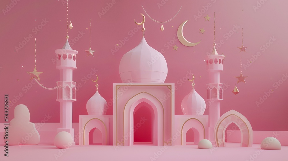 Ramadan Kareem's background with mosque, moon, and star. 3d rendering.