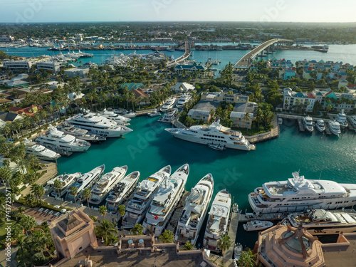 Aerial view: Luxury yachts in the Nassau city, Paradise island, Bahamas
