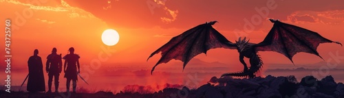 Dragon riders preparing for flight at dawn silhouettes against the rising sun photo