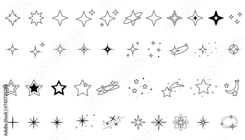 Set of Decorative Linar Elements, Collection, Stars, Sparkles, Shapes, Icons, Outline, Hand Drawn, Isolated, Glittering, Style, Doodle, Abstract, Symbol, Black, Vector Illustration