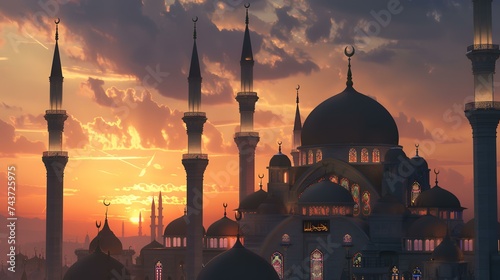 Mosque at sunset. 3d render of mosque at sunset.