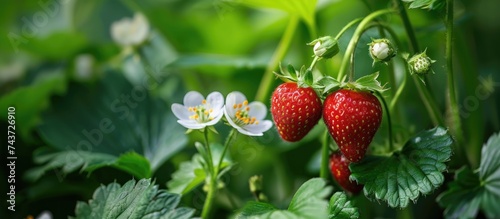 Strawberry  small flowers in lush greenery.