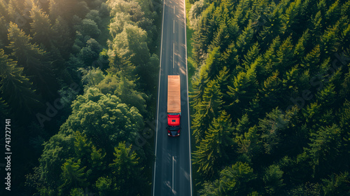 Red Wagon truck driving on the highway, aerial shot over forest . Transport logistics background top view.