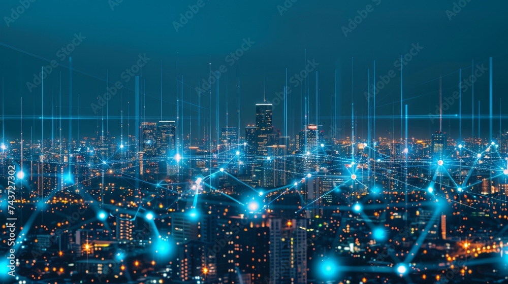 Skyline of a futuristic city digital and blue where technology merges with urban aspirations Skyline of a futuristic city digital and blue where technology merges with urban aspirations
