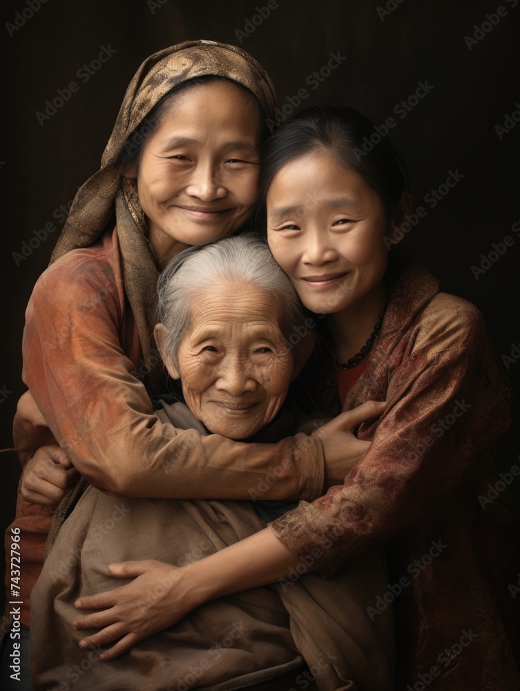 Caucasian, Asian, adult, old women hugging together, best friends. International Women's Day, March 8. Group of women.