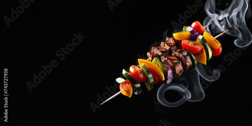 Collage of grilled meat skewers and vegetables on black background. Meal skewer on grill with fire, isolated on black background. Generative Ai