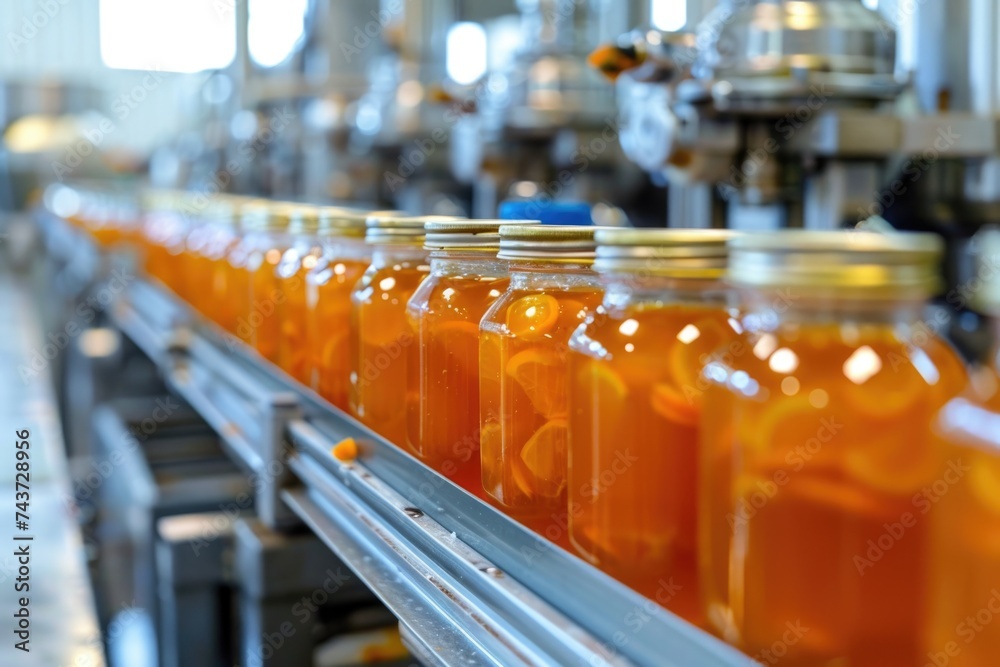 Automated bottling line for orange juice with filled jars on conveyor belt.