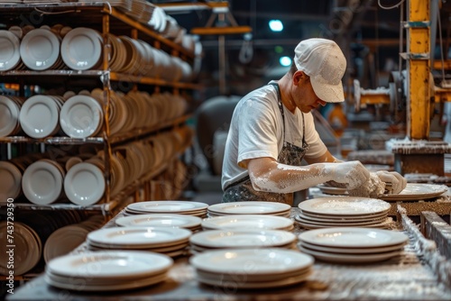 Worker inspecting ceramic plates in a factory. Industrial manufacturing process.