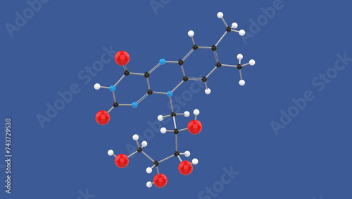 Vitamin B2 Riboflavin 3D molecule structure, on blue background, 3D rendering illustration