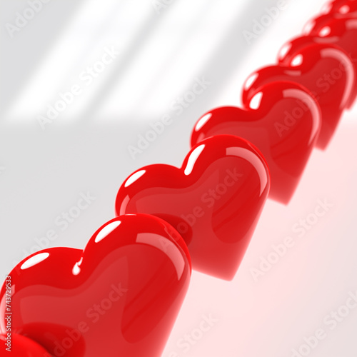 Plastic valentine hearts in a row on a light gray background, soft focus, 3d rendering illustration