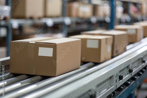 Cardboard box on conveyor belt in distribution warehouse. © Julia Jones