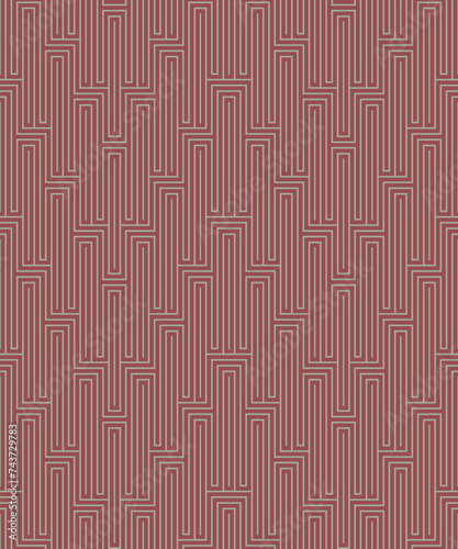 Concentric interlocking rectangles. Modern maze design made of thin red lines on a white background. Geometric striped ornament. Seamless repeating pattern. 