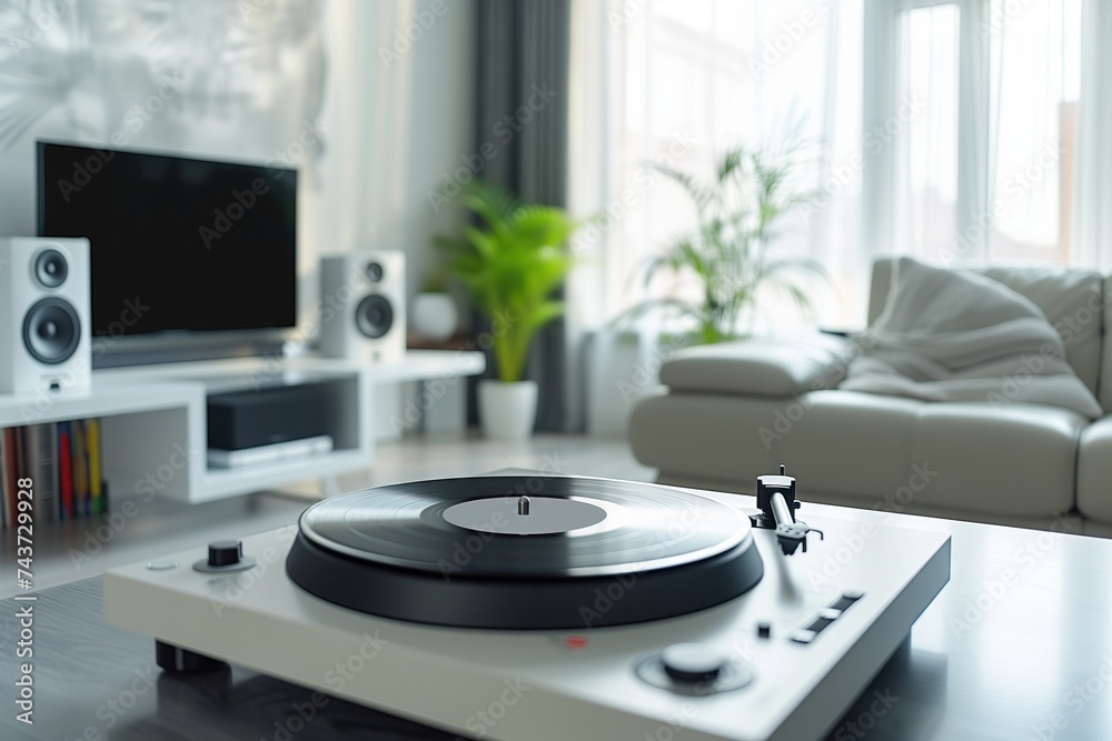 Photo from a vinyl player on a table, modern living room and speakers in the background. Photo from a vinyl player on a table, modern living room and speakers in the background.