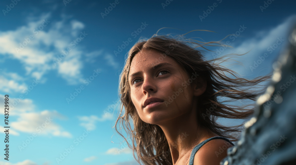 Cinematic Portrait: Adventurous Surfer Girl Embracing Coastal Lifestyle Cinematic Portrait: Adventurous Surfer Girl Embracing Coastal Lifestyle
