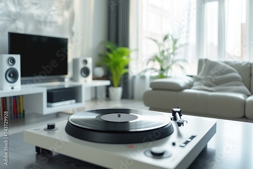 Photo from a vinyl player on a table, modern living room and speakers in the background. 