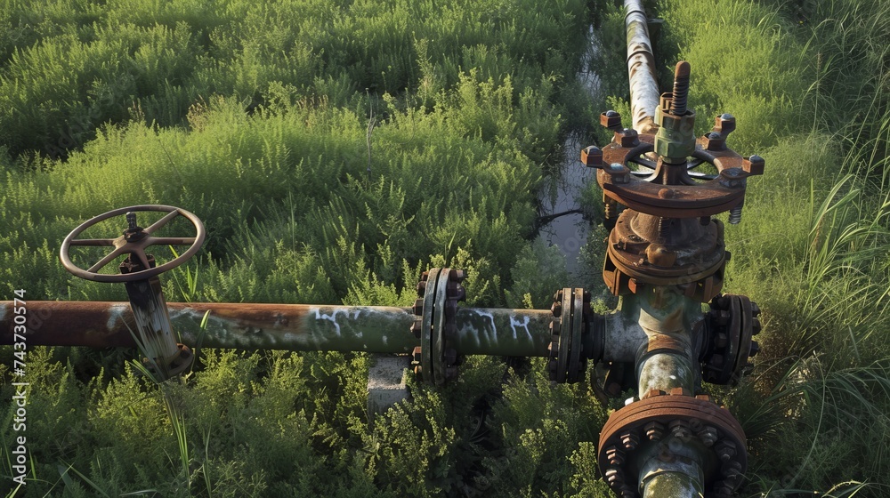 gas valve and pipework that cross a green field