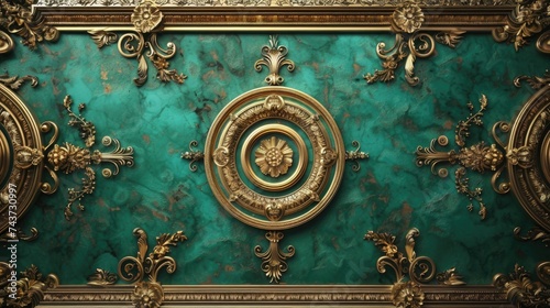 Vintage golden frame on a green marble background.