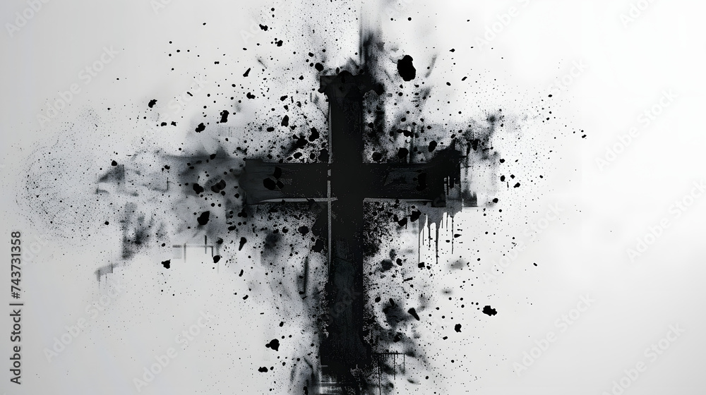 Black cross draw with ashes on white background. Generative AI - obrazy, fototapety, plakaty 