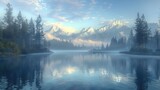 Tranquil mountain landscape with misty lake and pine trees.