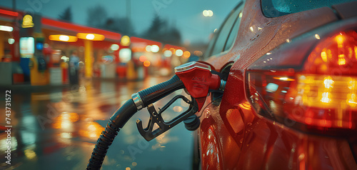 Gas pump nozzle in petrol station background © Hamsyfr