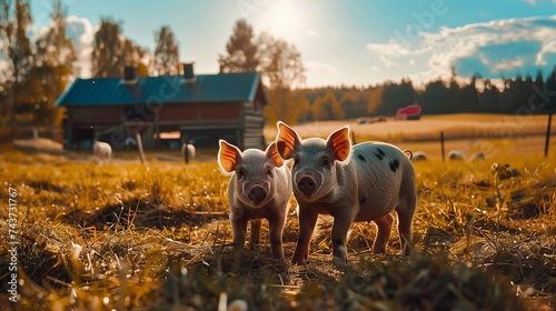 Two piglets standing on a field outside on a pigfarm in Dalarna, Sweden photo