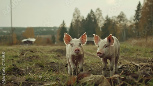 Two piglets standing on a field outside on a pigfarm in Dalarna, Sweden © Emil