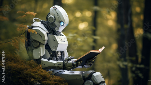 robot reading a book in the forest