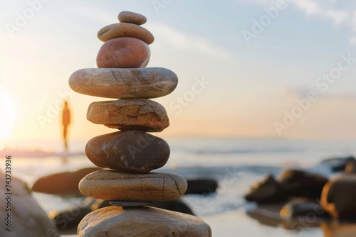 Work-life balance concept Stack of Rocks on Beach. Generative AI