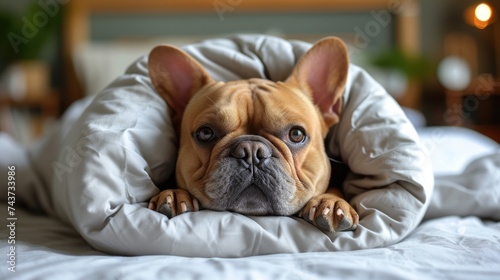 French bulldog lying under a white blanket on a bed. © Julia Jones