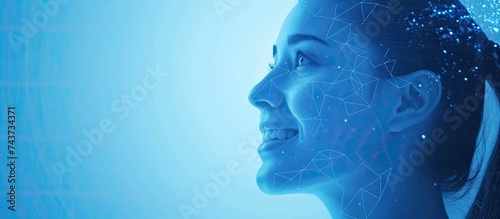 This image shows a young woman smiling happily. Her face is adorned with intricate lines and dots, creating a unique combination of beauty and technology.