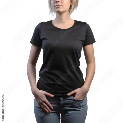 Woman wearing blank black t shirt isolated on white background with clipping path