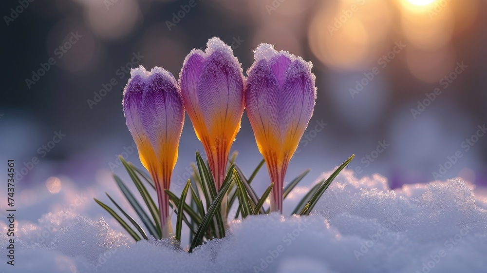 Purple and yellow crocuses emerging from snow.