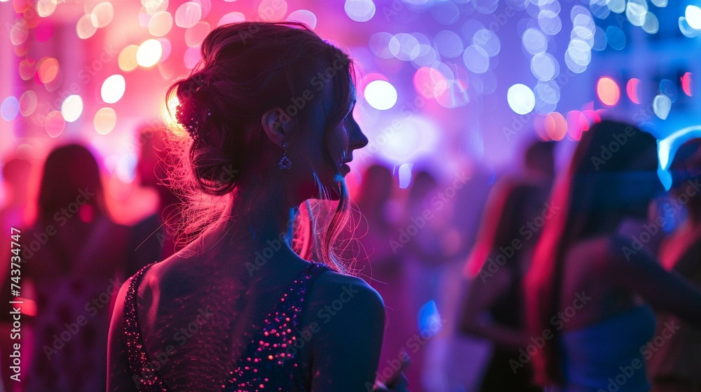 Elegant Woman Looking Over Shoulder at Party with Blue Lights Elegant Woman Looking Over Shoulder at Party with Blue Lights