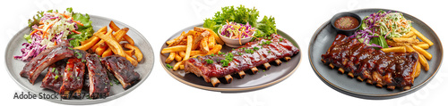 Barbecue pork ribs with fries and salad. Succulent bbq pork ribs served with crispy fries and fresh salad on a plate - Collection isolated on transparent background
